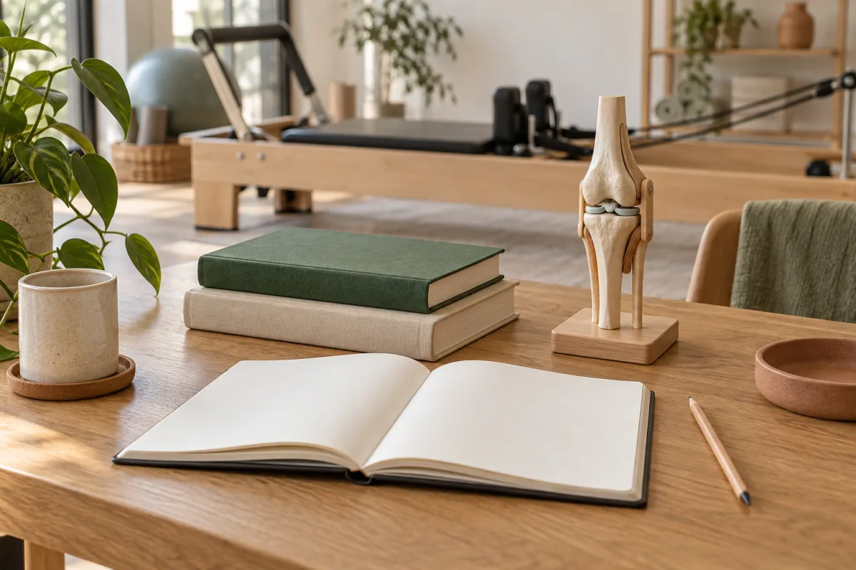 Mesa ilustrativa com materiais de estudo em Pilates