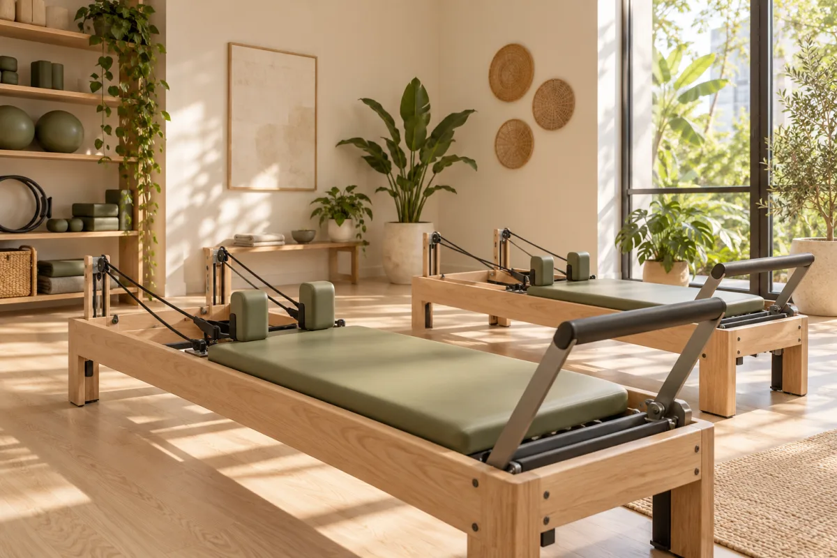 Ambiente ilustrativo de Pilates com aparelhos e luz natural